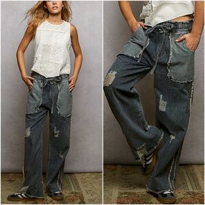 POL Dark Wash Distressed Stretchy Waist Straight leg Denim Jeans